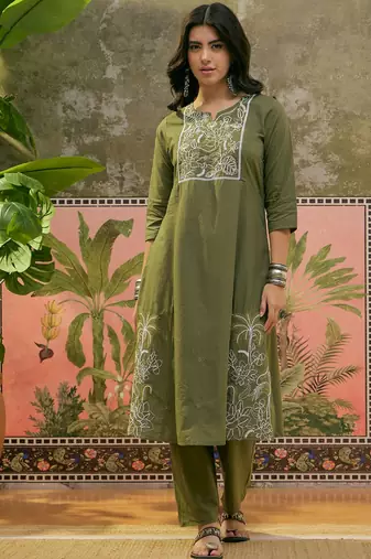 Olive green plain kurta with trousers & dupatta set