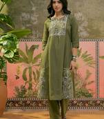 Olive green plain kurta with trousers & dupatta set