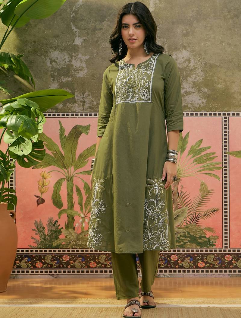 Olive green plain kurta with trousers & dupatta set