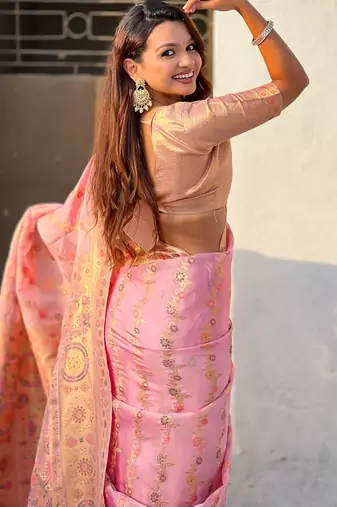 Pink woven zari floral & traditional motifs work silk blend fabric  traditional festive style