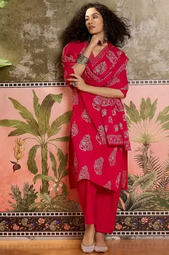 Pink printed kurta with trousers & dupatta set