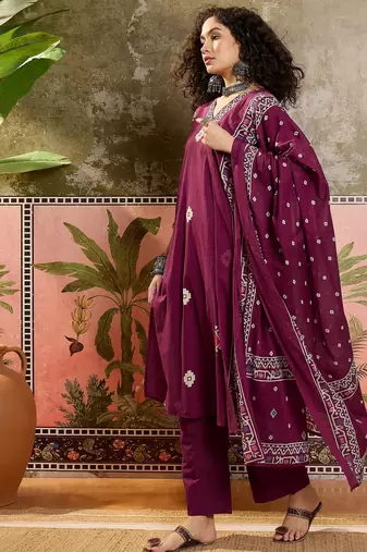 Wine printed kurta with trousers & dupatta set