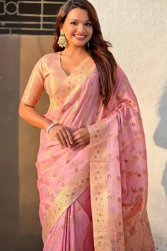 Pink woven zari floral & traditional motifs work silk blend fabric  traditional festive style