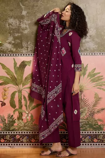 Wine printed kurta with trousers & dupatta set