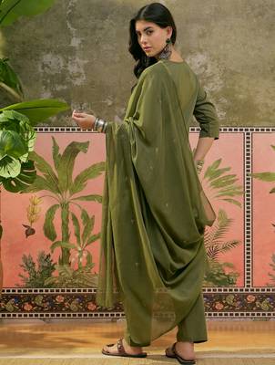 Olive green plain kurta with trousers & dupatta set 2