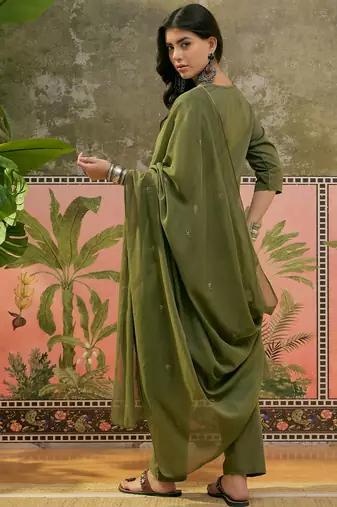 Olive green plain kurta with trousers & dupatta set