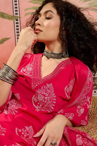 Pink printed kurta with trousers & dupatta set