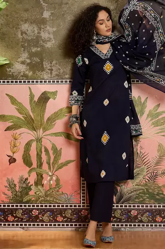 Blue printed kurta with trousers & dupatta set