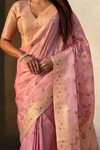 Pink woven zari floral & traditional motifs work silk blend fabric  traditional festive style