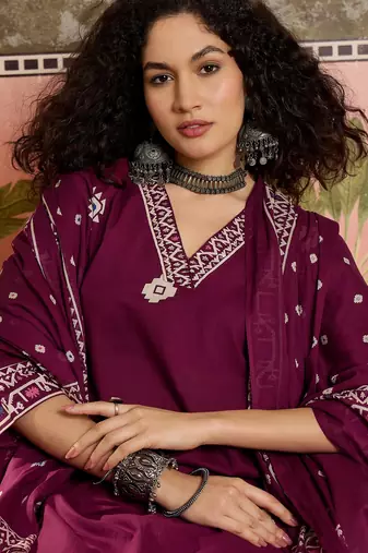 Wine printed kurta with trousers & dupatta set