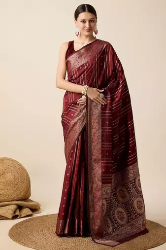 Maroon woven embellished self design pure silk kanjivaram saree with blouse