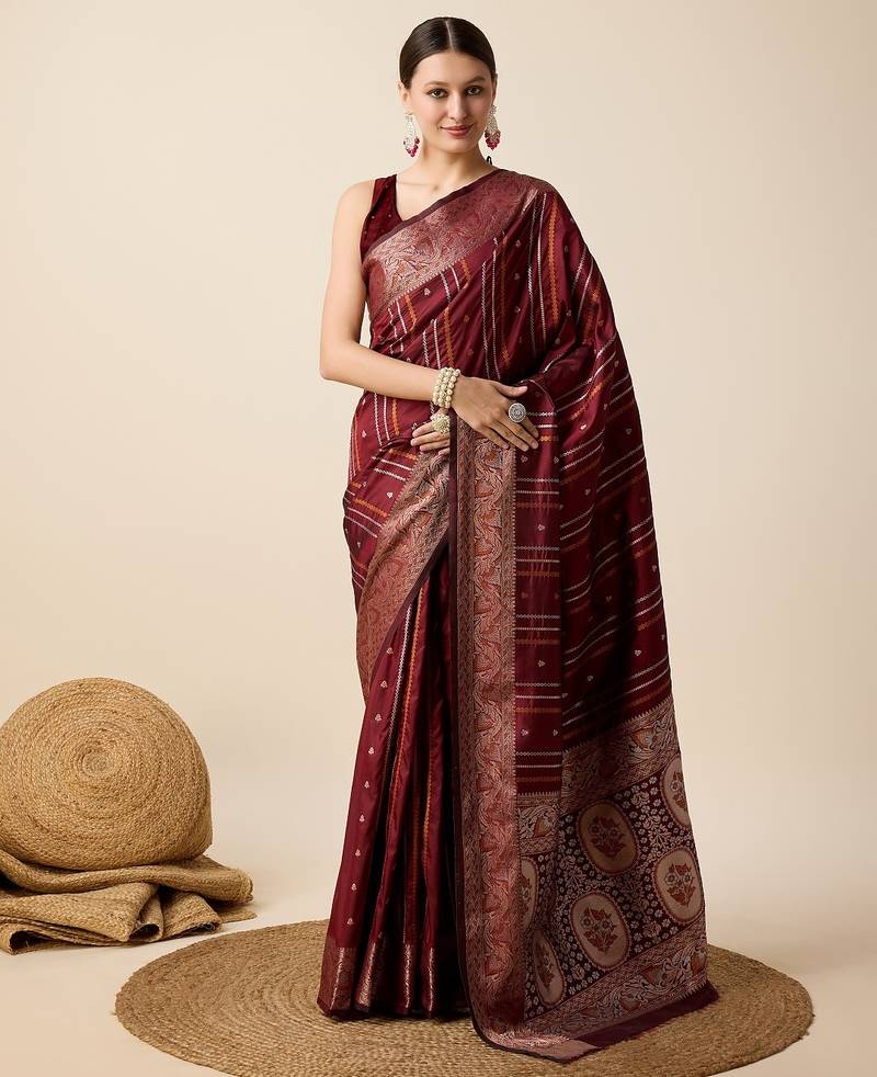Maroon woven embellished self design pure silk kanjivaram saree with blouse