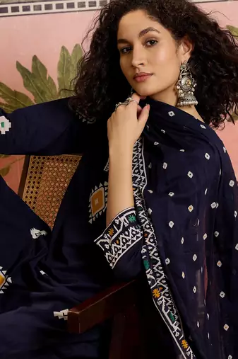 Blue printed kurta with trousers & dupatta set