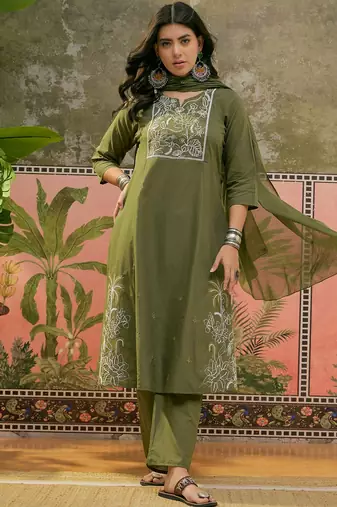 Olive green plain kurta with trousers & dupatta set