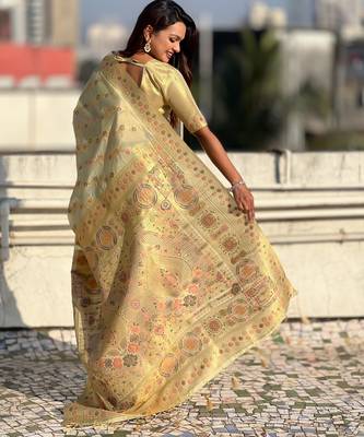 Light gold woven zari floral & traditional motifs work silk blend fabric  traditional festive style 2