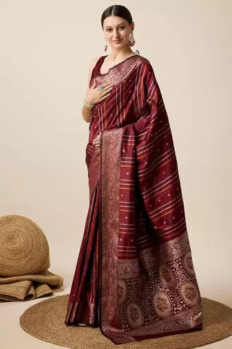 Maroon woven embellished self design pure silk kanjivaram saree with blouse