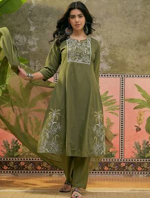Olive green plain kurta with trousers & dupatta set 5
