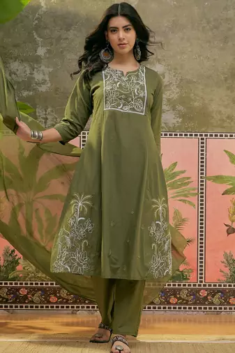 Olive green plain kurta with trousers & dupatta set
