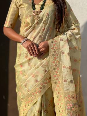 Light gold woven zari floral & traditional motifs work silk blend fabric  traditional festive style 5