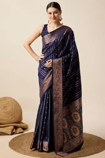 Navy blue woven embellished self design pure silk kanjivaram saree with blouse