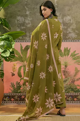 Green  printed kurta with trousers & dupatta set