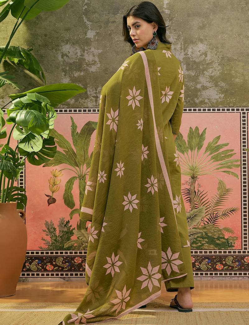 Green  printed kurta with trousers & dupatta set