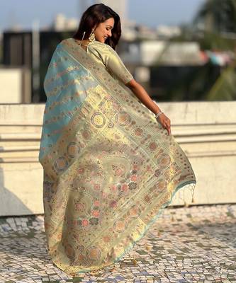 Sky blue woven zari floral & traditional motifs work silk blend fabric  traditional festive style 2