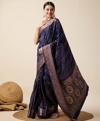Navy blue woven embellished self design silk blend saree with blouse 2