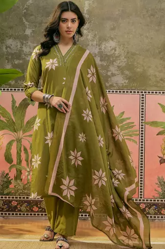 Green  printed kurta with trousers & dupatta set