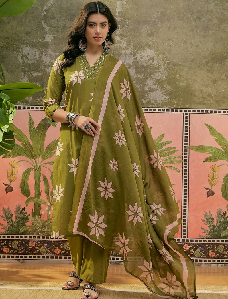 Green  printed kurta with trousers & dupatta set