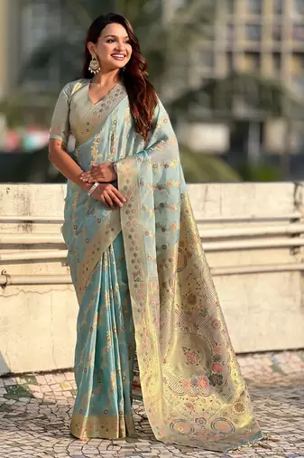 Sky blue woven zari floral & traditional motifs work silk blend fabric  traditional festive style