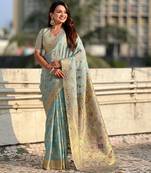 Sky blue woven zari floral & traditional motifs work silk blend fabric  traditional festive style