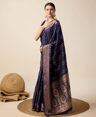 Navy blue woven embellished self design silk blend saree with blouse 3