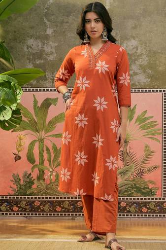 Rust printed kurta with trousers & dupatta set