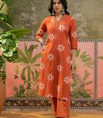 Rust printed kurta with trousers & dupatta set