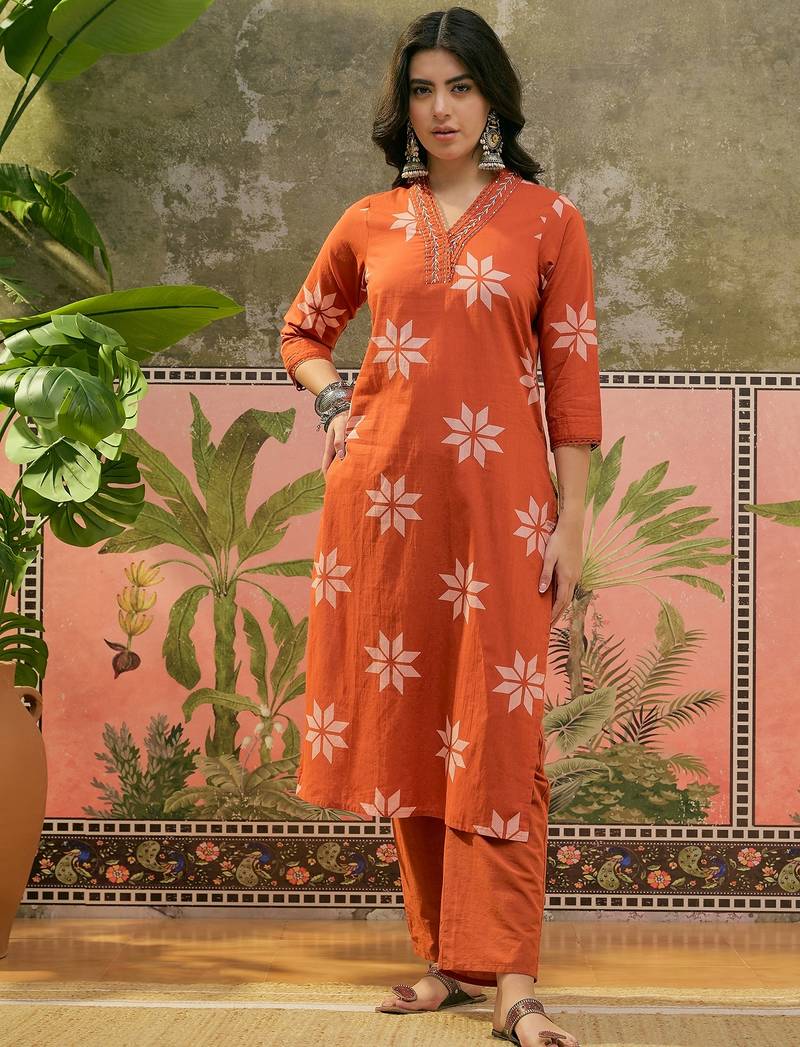 Rust printed kurta with trousers & dupatta set