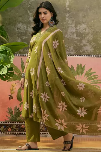Green  printed kurta with trousers & dupatta set