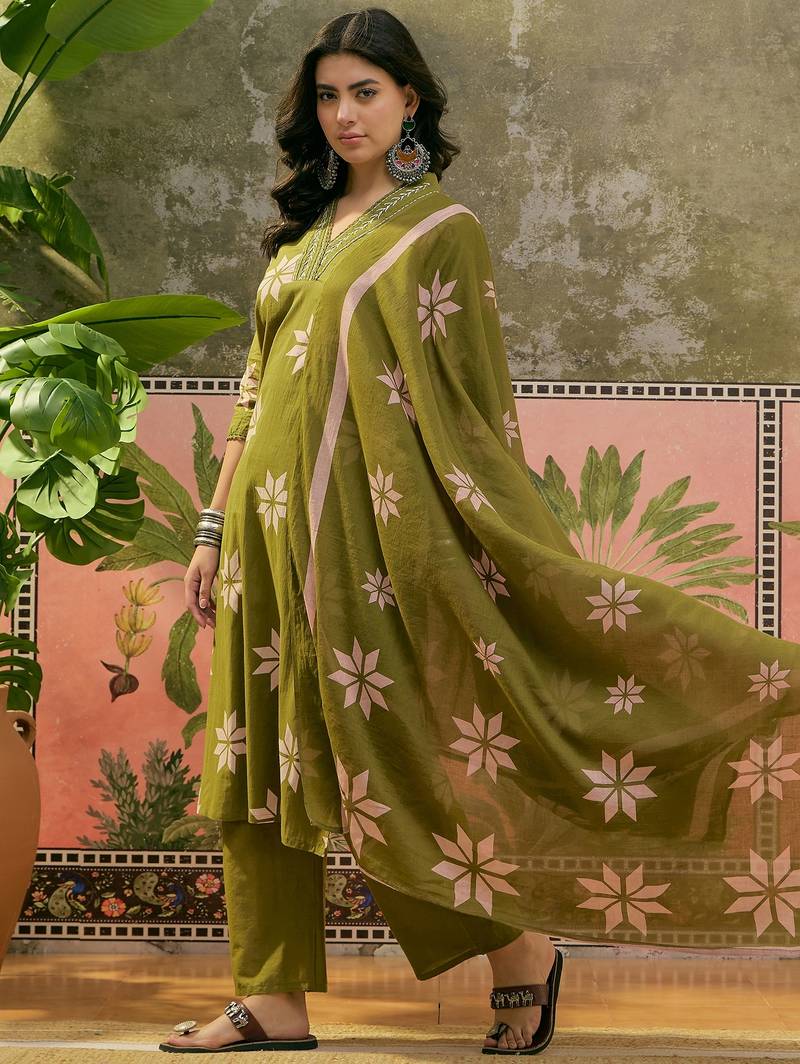 Green  printed kurta with trousers & dupatta set