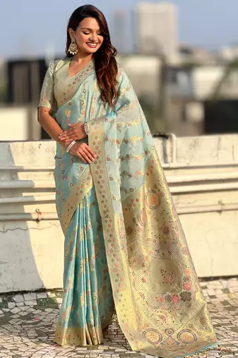Sky blue woven zari floral & traditional motifs work silk blend fabric  traditional festive style