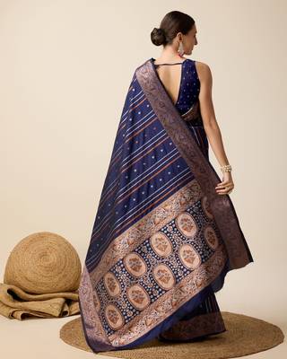 Navy blue woven embellished self design silk blend saree with blouse 4