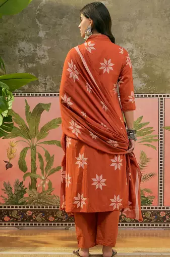 Rust printed kurta with trousers & dupatta set