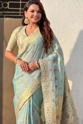 Sky blue woven zari floral & traditional motifs work silk blend fabric  traditional festive style