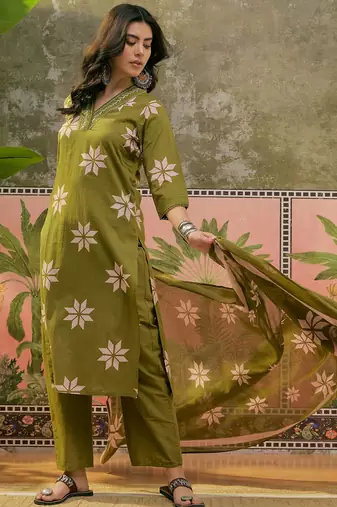 Green  printed kurta with trousers & dupatta set