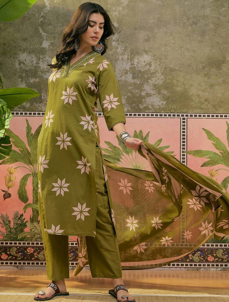 Green  printed kurta with trousers & dupatta set
