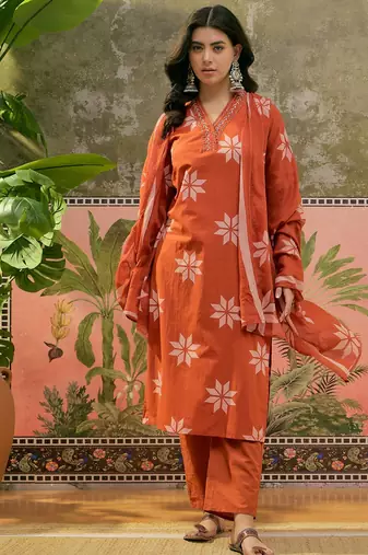 Rust printed kurta with trousers & dupatta set
