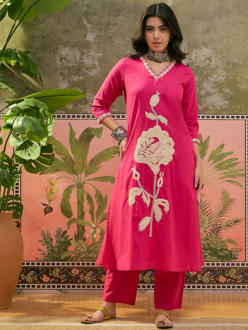 Pink plain kurta with trousers & dupatta set