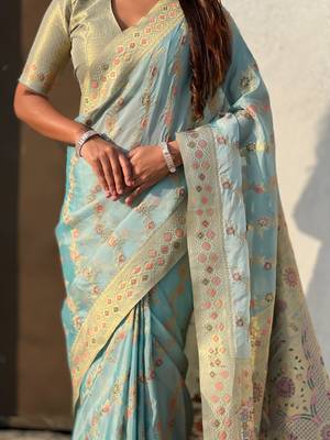 Sky blue woven zari floral & traditional motifs work silk blend fabric  traditional festive style 5
