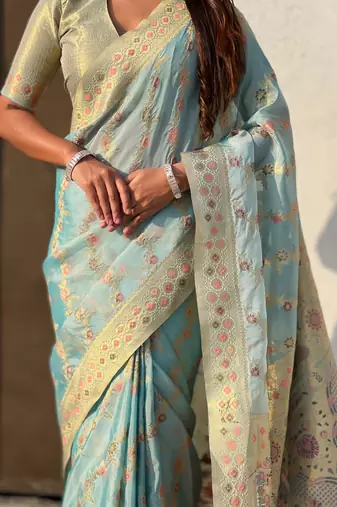 Sky blue woven zari floral & traditional motifs work silk blend fabric  traditional festive style