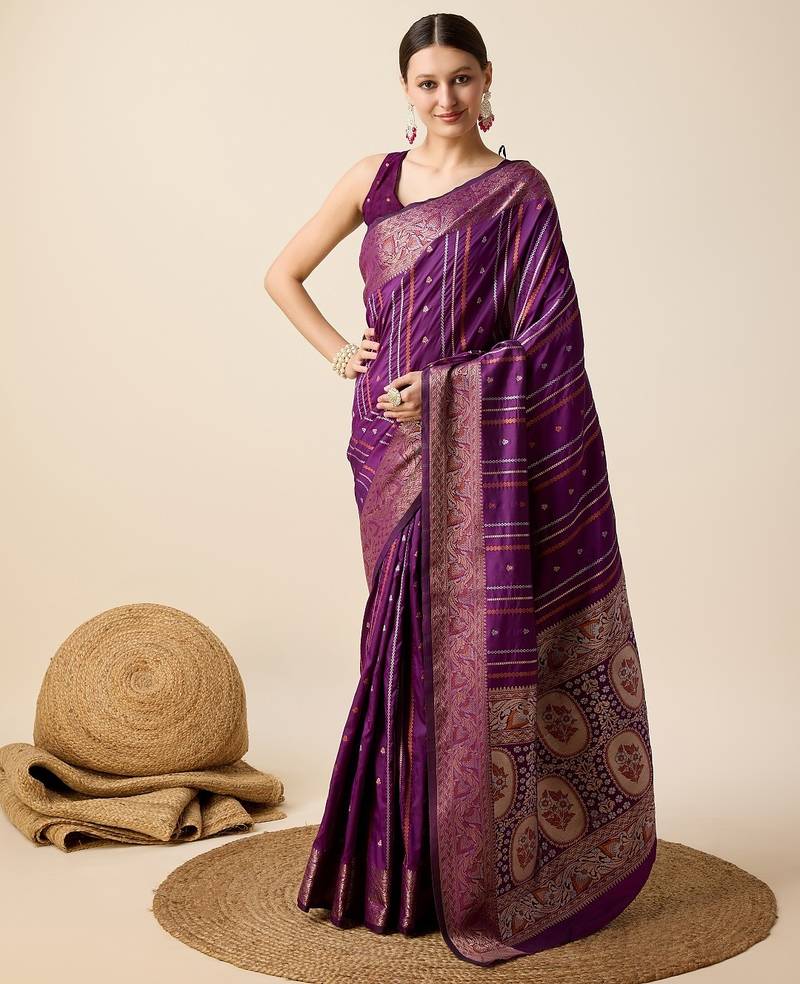 Purple woven embellished self design pure silk kanjivaram saree with blouse