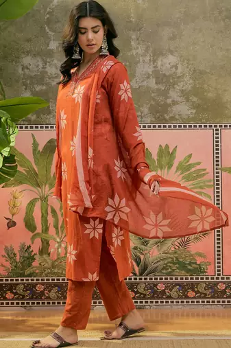 Rust printed kurta with trousers & dupatta set